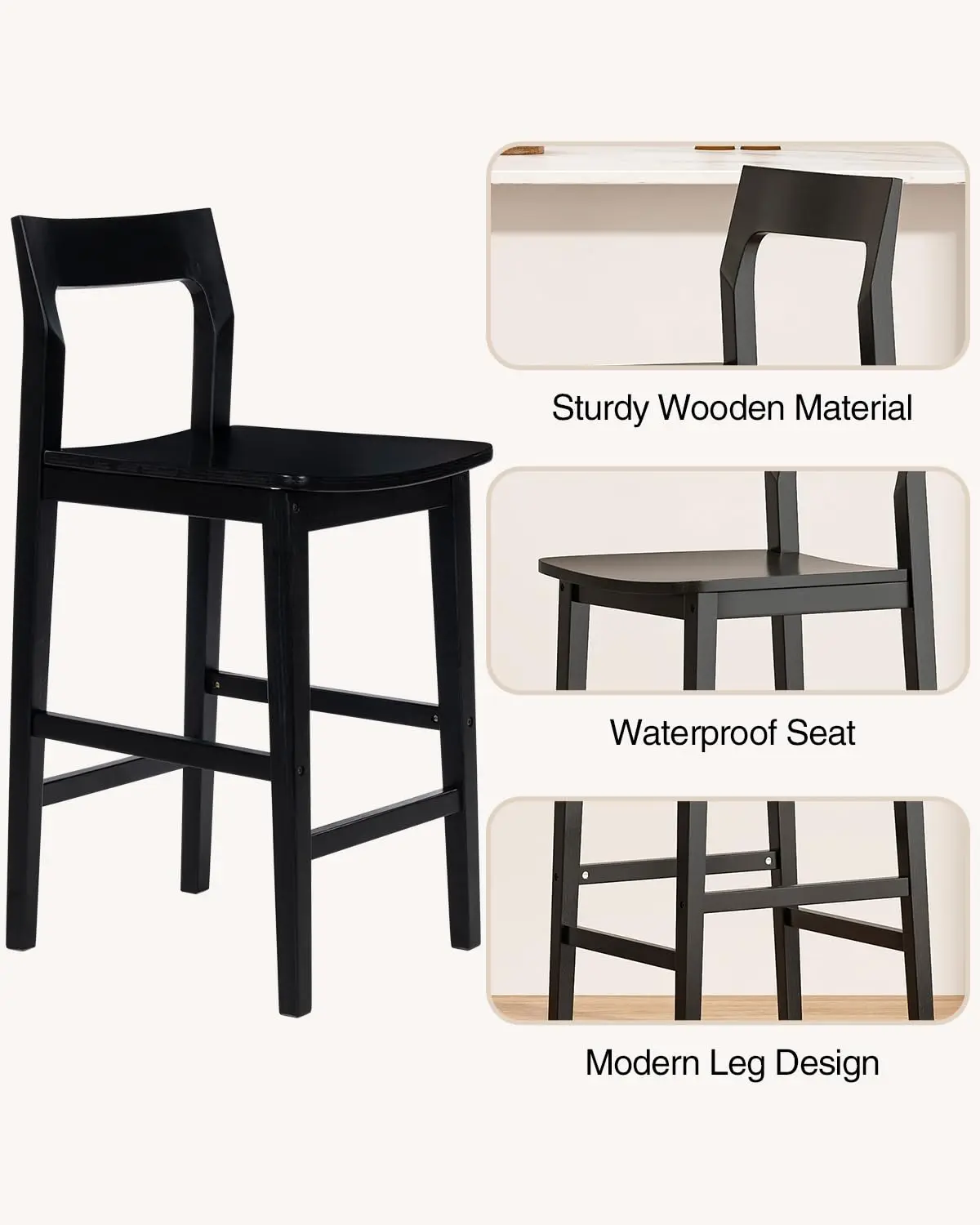 Modern Wood Barstools Set of 4, Counter Height Bar Stools Armless Farmhouse Wooden Bar Dining Chairs with Back & Footrest for Ki