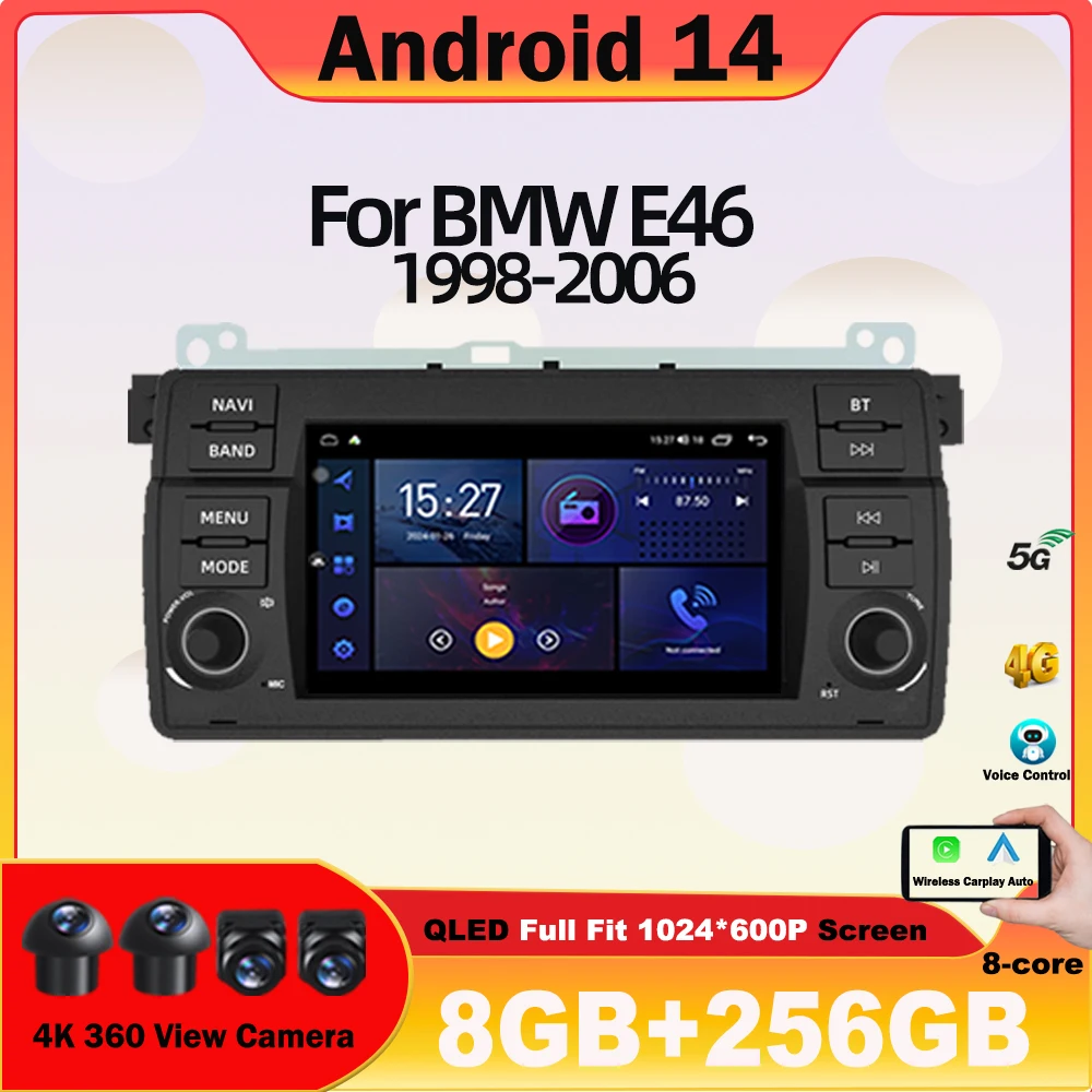 Car Android 14 For BMW E46 M3 318/320/325/330/335 Car Multimedia Video Player Navigation GPS Stereo Wireless Carplay NO 2din 5G