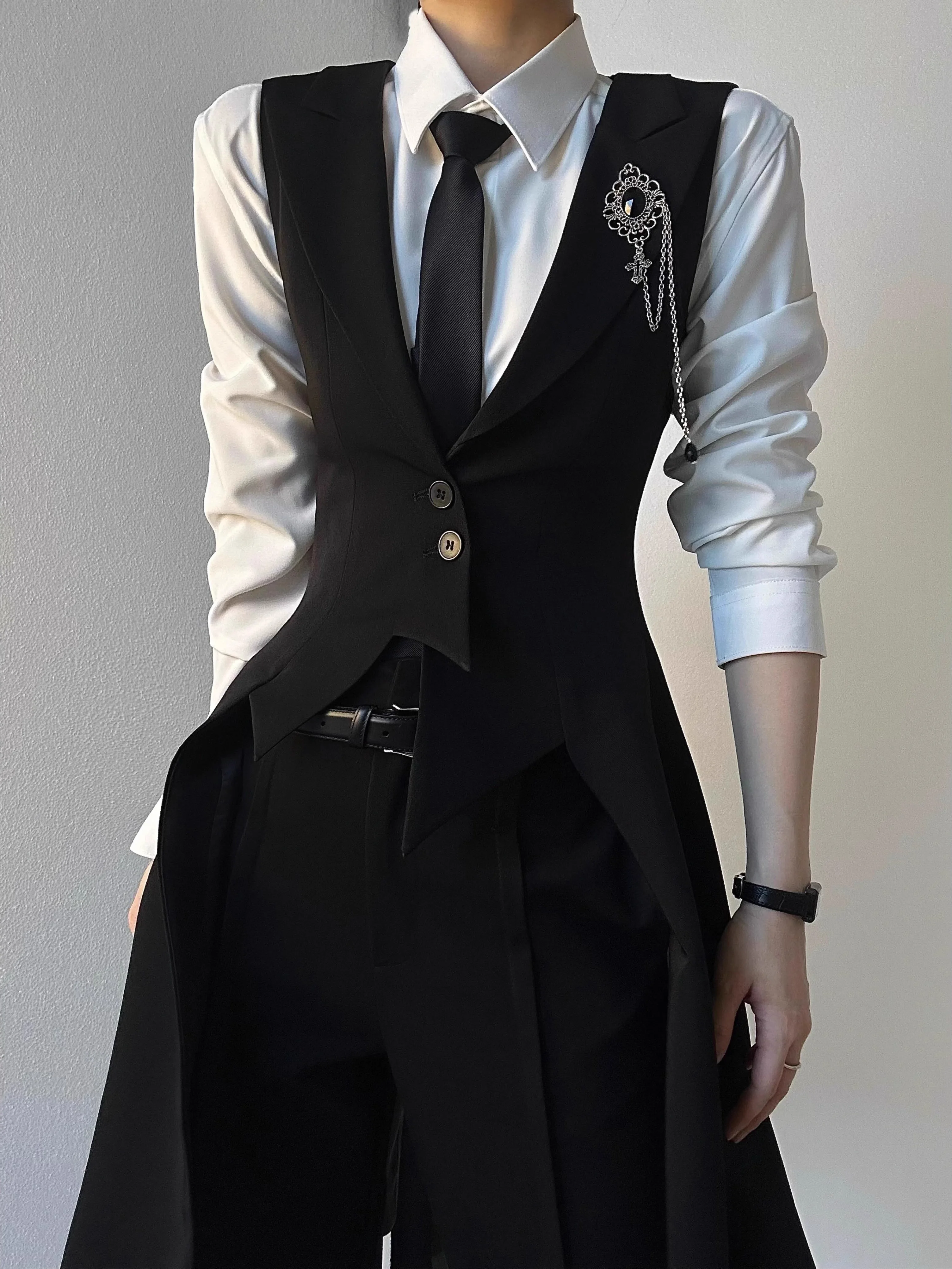 Black Tailored Men's Vest Spring Autumn New Style Slim Fit Waist Cinched Notched Lapel Long Tailed Suit Jacket Uniform