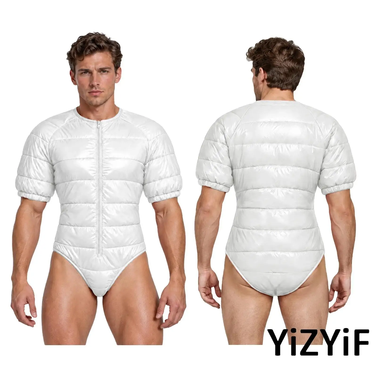 Mens Sports Gym Bodysuit Water Resistant Padded Round Neck Short Sleeve Front Zipper Leotard for Daily Casual Night Club Wear