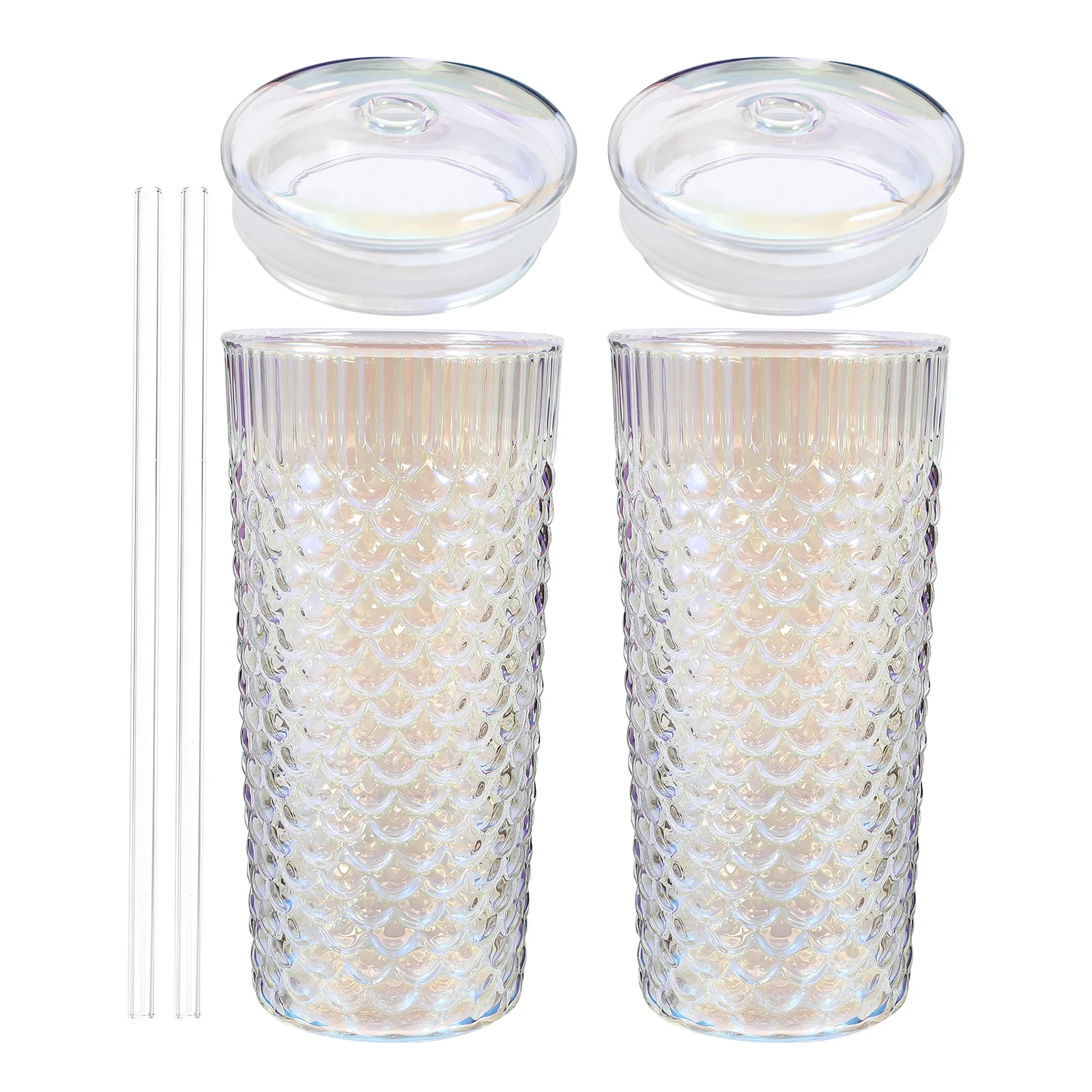 

2Pcs Reusable Fish Scale Glass Cup with Lid Straw for Cold Drinks Milk Tea Outdoor Parties 12Oz Glasses with Lid and Straw
