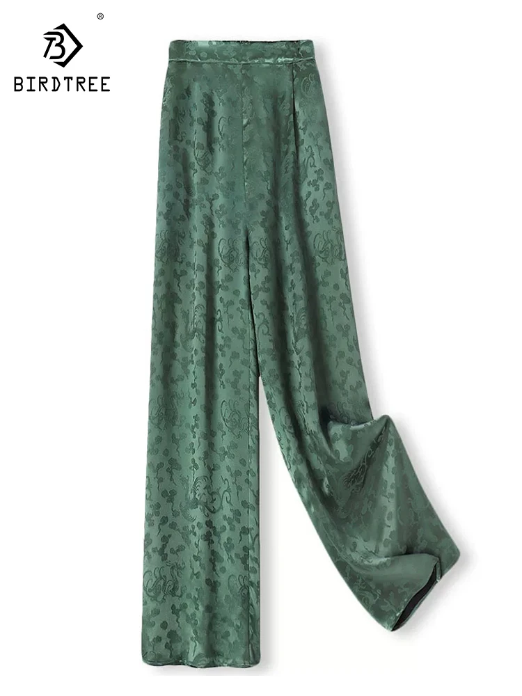 BirdTree-50MM Silk Watered Gauze Elegant Pants, Elastic Waist Jacquard, Women Retro Luxury Wide Leg Pants, 2026 Spring B62032CC