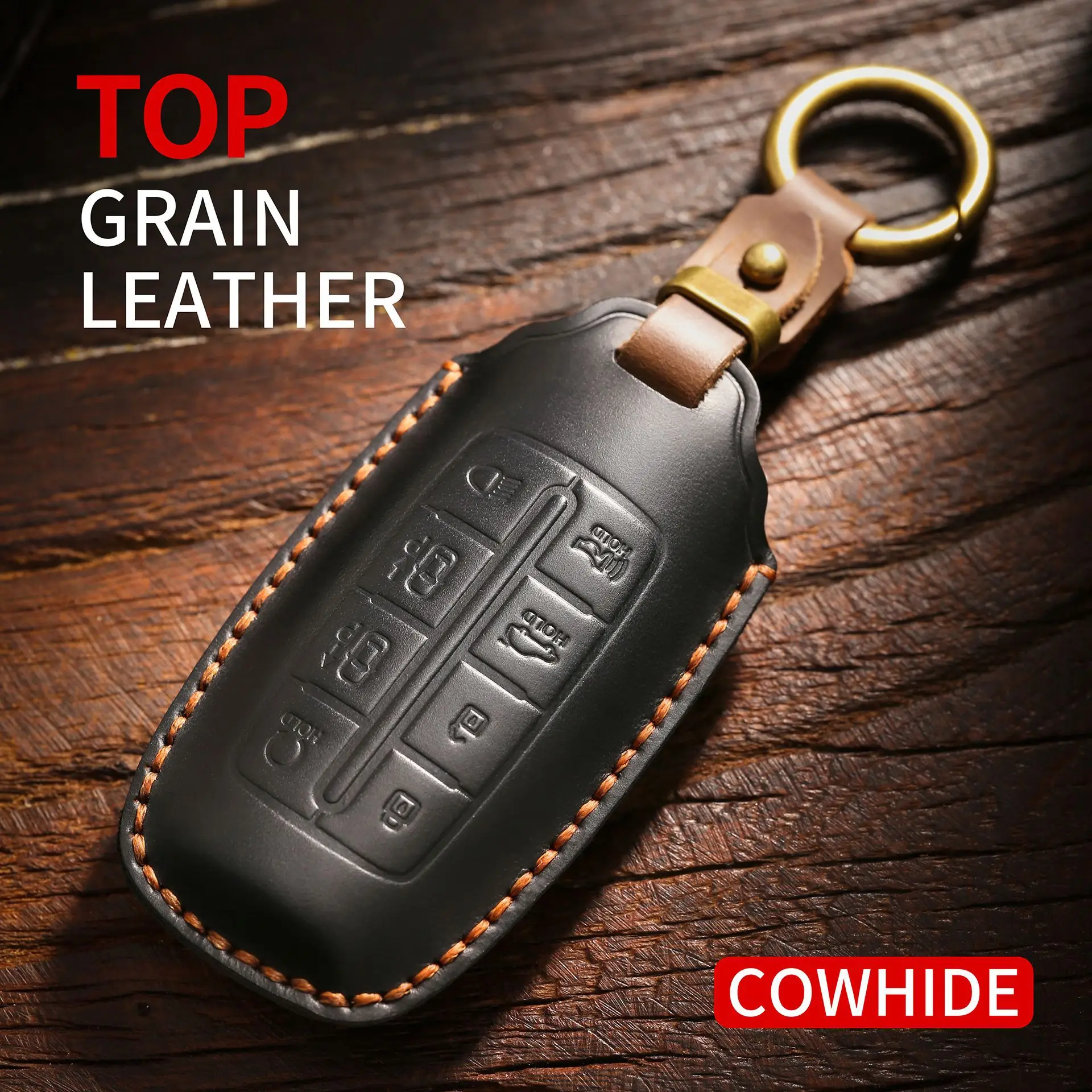Precision-Fit Leather Key Cover for Genesis GV70 GV80 G90, Full Protection Case for 6/8 Button Smart Key, Antique Brass Key Ring