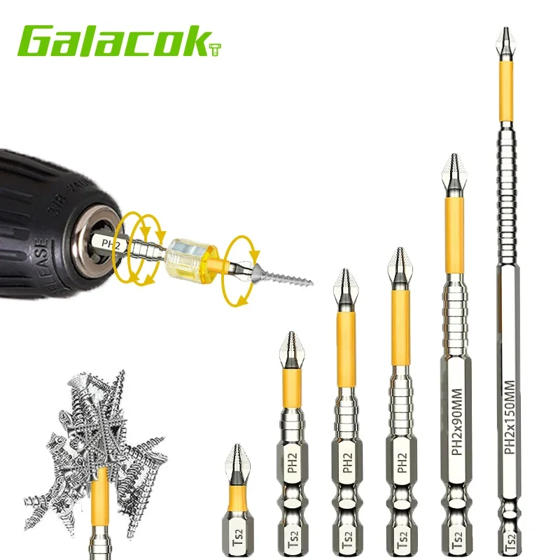 

Galacok 6pc Yellow Strong Magnetic Field Bits PH2 High Speed Steel Hard Alloy for Electric Drill Wrench Screwdriver Metal Drills