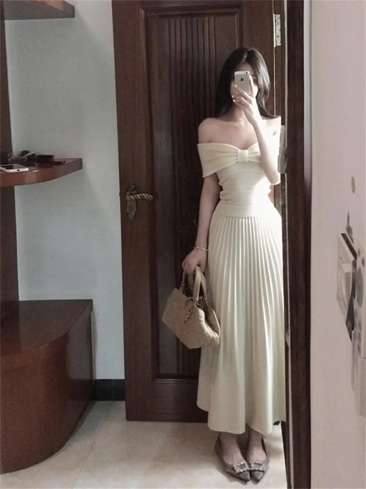 

Romantic Date Night Outfit Women's Knot Tube Top And Skirt Set Clete OOTD Trendy Spring High Waist Casual Sle