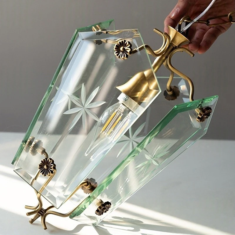 Luz pingente de vidro de floco de neve francês, luz pingente de cobre retro americano, varanda do quarto, estudo, luz da sala de jantar