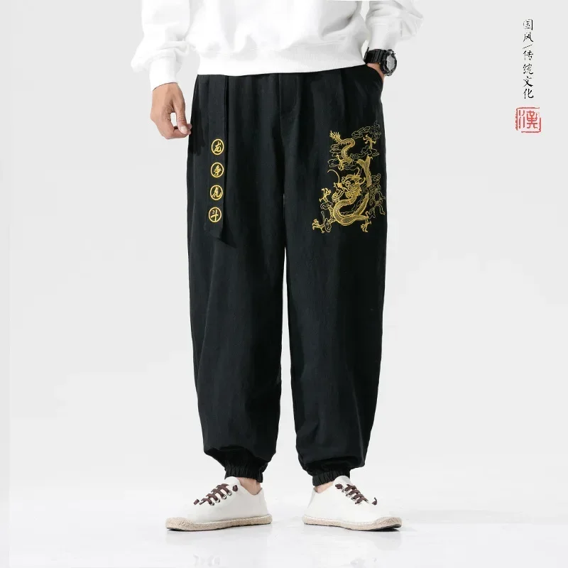 Zen Tea Men chiński styl haft smok Kung Fu Harem spodnie wietnamskie japońska moda sportowe spodnie typu Casual taniec Streetwear