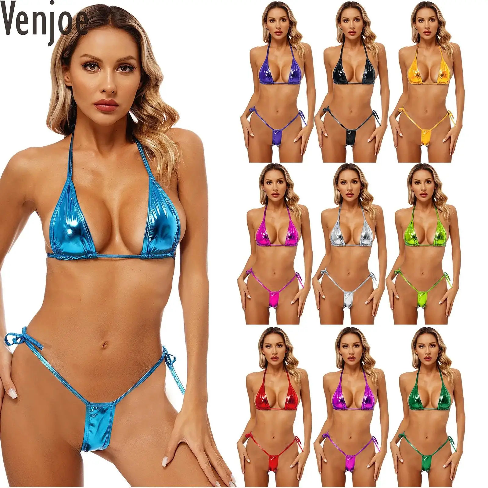 

Womens Shiny Metallic Lacing Bikini Swimsuit Non-Padded Triangle Cup Top with G-String Sexy 2-Piece Lingerie Set Nightwear