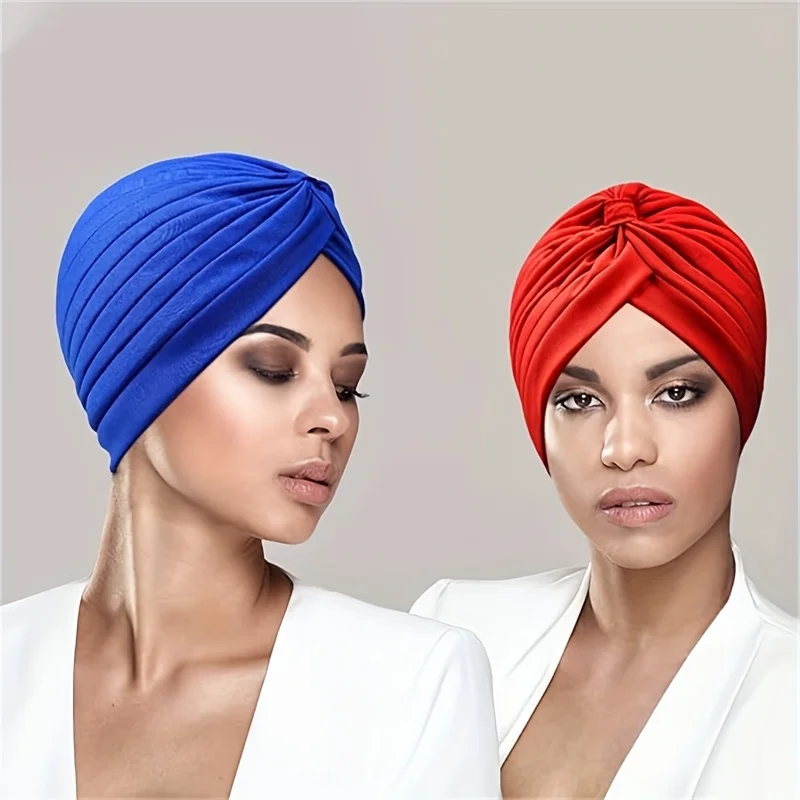 Muslim Pleated Hijab Bonnet Turban Cap For Women Fashionable Solid Stretchy Head Wrap Chemo Cap Alopecia Hat