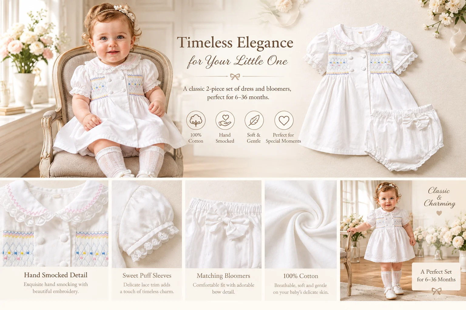 Handgefertigtes, smokiertes Babykleid im spanischen Vintage-Stil, Boutique-Kleid für Kleinkinder, weißes Taufkleid mit Peter-Pan-Kragen und Schleife, Bloomer-Set – Detail 1