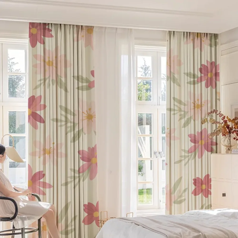 Pastel Pink Floral Curtains - Watercolor Blossom Digital Print Blackout Drapes for Serene Bedroom Decor Window Screen Tulle