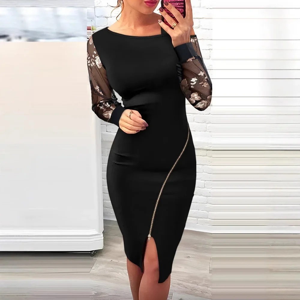 Bodycon Dress Zip Up Floral Pattern Contrast Sequin Cold Shoulder Sheer Mesh Patch Midi Dress