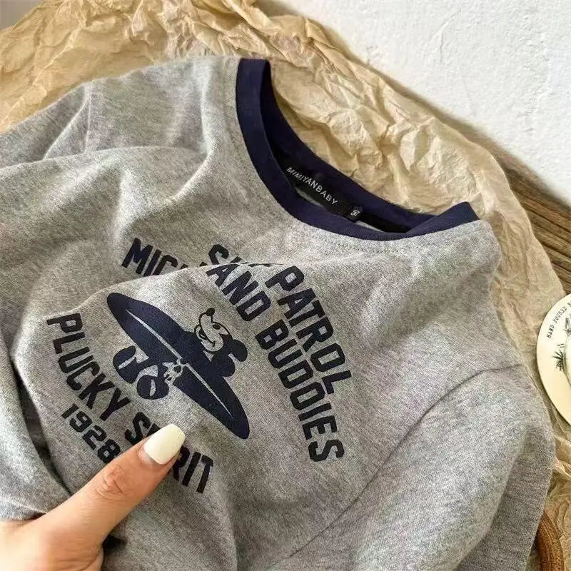 

Серый комплект футболок с коротким рукавом для всей семьи, новинка лета 2025, однотонная одежда для мальчиков и девочек, хлопок, с мультяшным принтом для сына и дочки