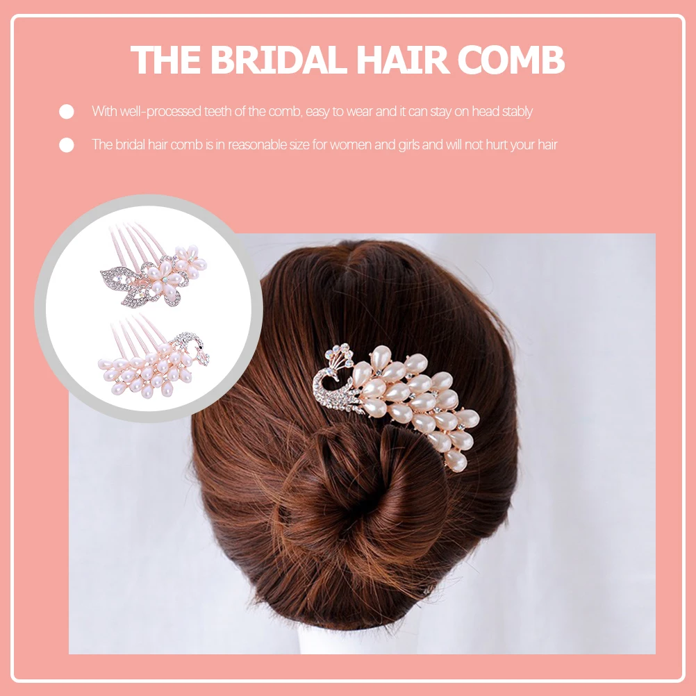 

2 Pcs Pearl Hair Comb Delicate Bridal Rhinestone Side Diamond Shiny Zinc Alloy Bride
