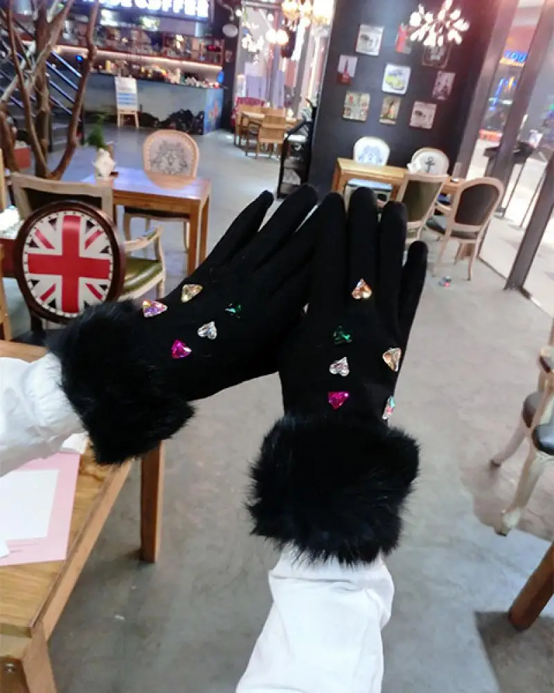 Rabbit Fur Mouth Love Color Rhinestone Cashmere Gloves Korean Version Rhinestone Color Thickened Warmth Finger Gloves Women