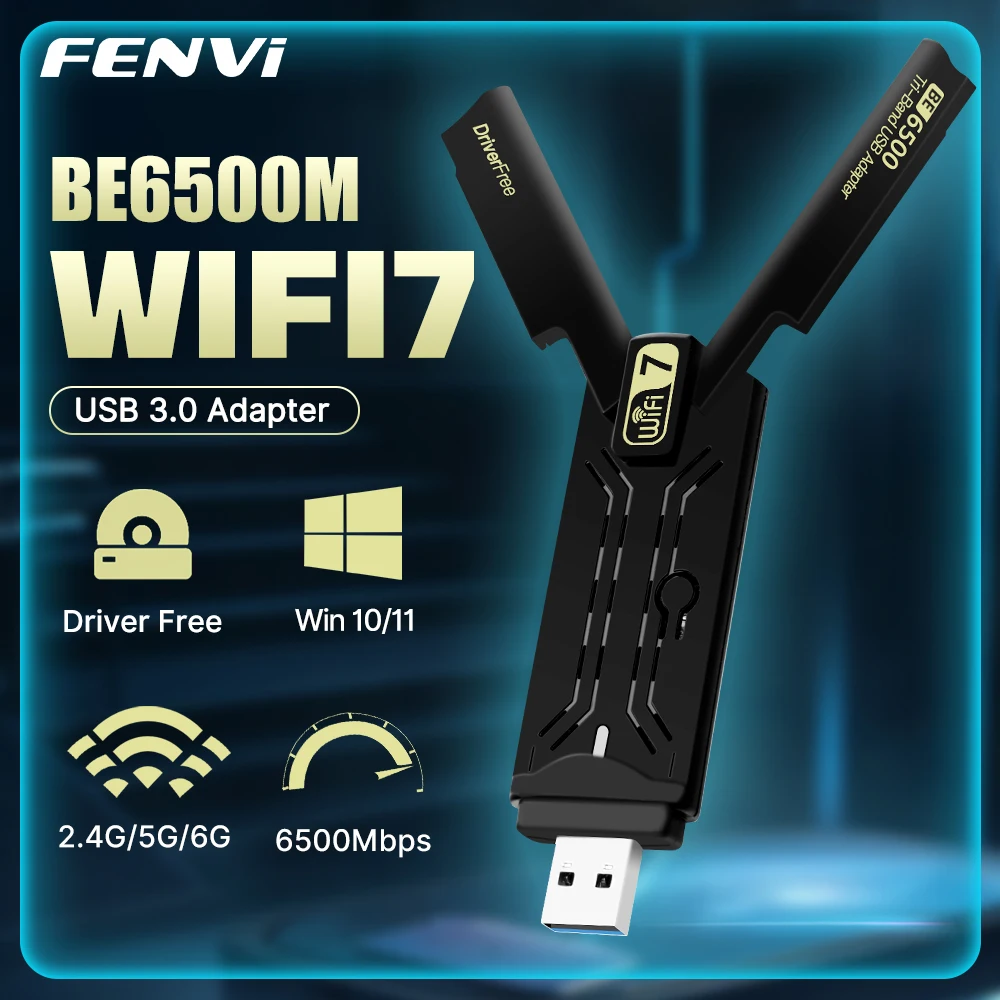 FENVI WiFi 7 USB Adapter BE6500 2.4G/5G/6GHz Tri-band USB3.0 Wireless Network Card 6500Mbps 802.11BE Free-Driver For Win10/11 PC