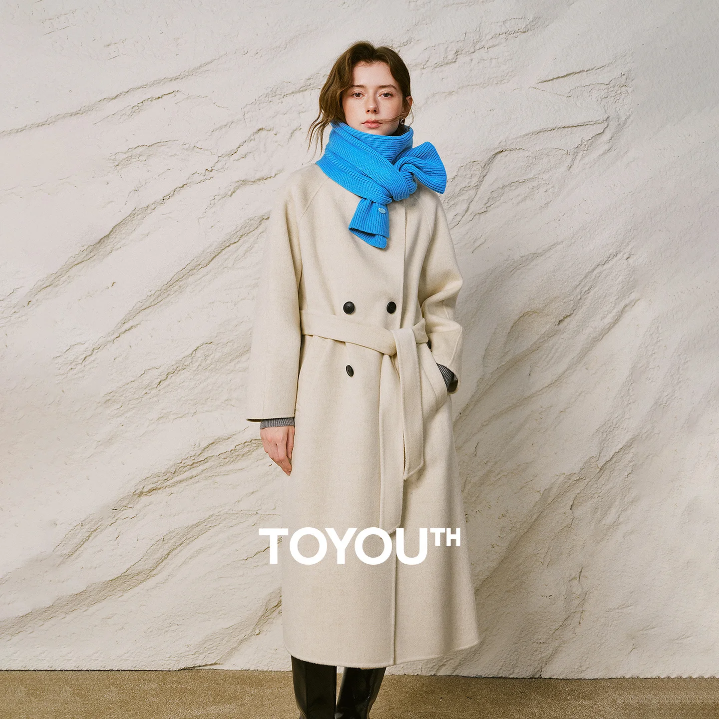 TOYOUTH Women Coat 2026 Winter New Wool Double Faced Stand Collar Diagonal Placket Belted Mid Length Overcoat