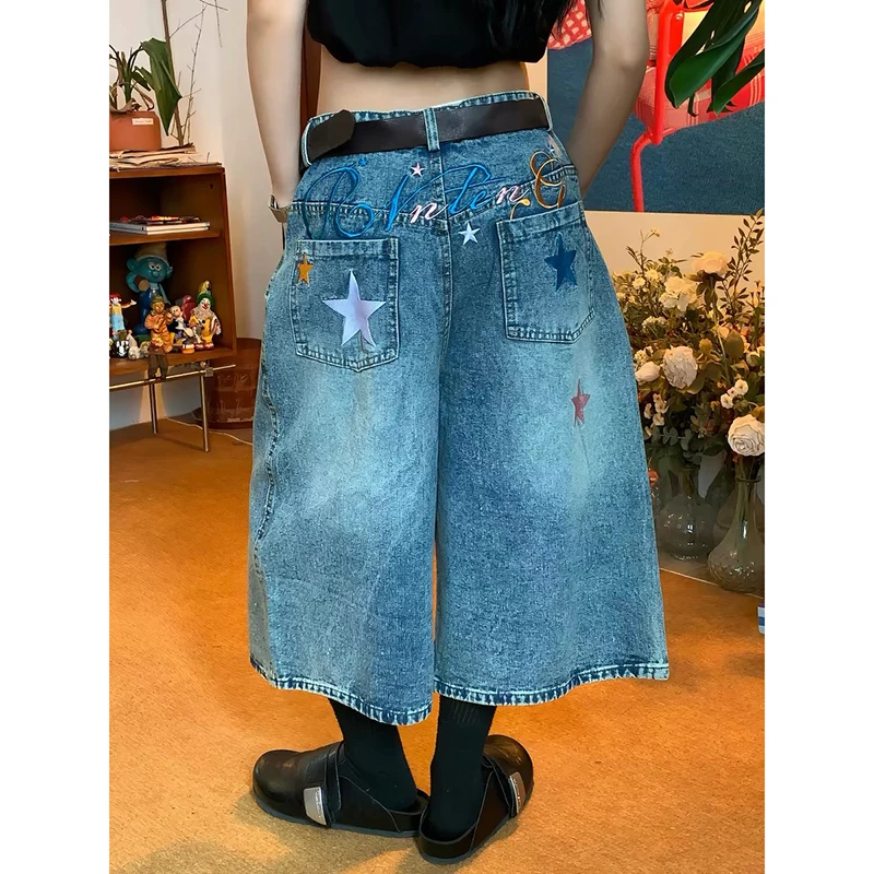 

ZHIZOU Women Blue Gothic Star Embroidery Jeans Retro Jeans Pants Vintage Harajuku Grunge Hiphop Y2k Wide Leg Denim Shorts Summer