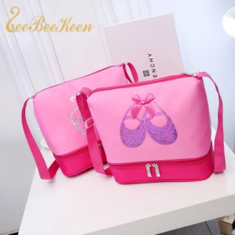 Girls Ballet Dance Bags 2 Layers Ballet Bag Embrory Sequins Ballerina Children Dance Bag Kids Pink Crossbody Bag For Dancing