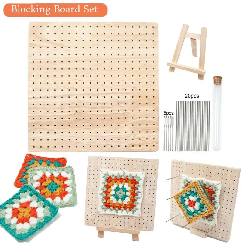 Wood Blocking Board Set Decoration Knitted Handmade Mat Square Solid Butchers Block Hook Holder Crochet Blocker for Beginners