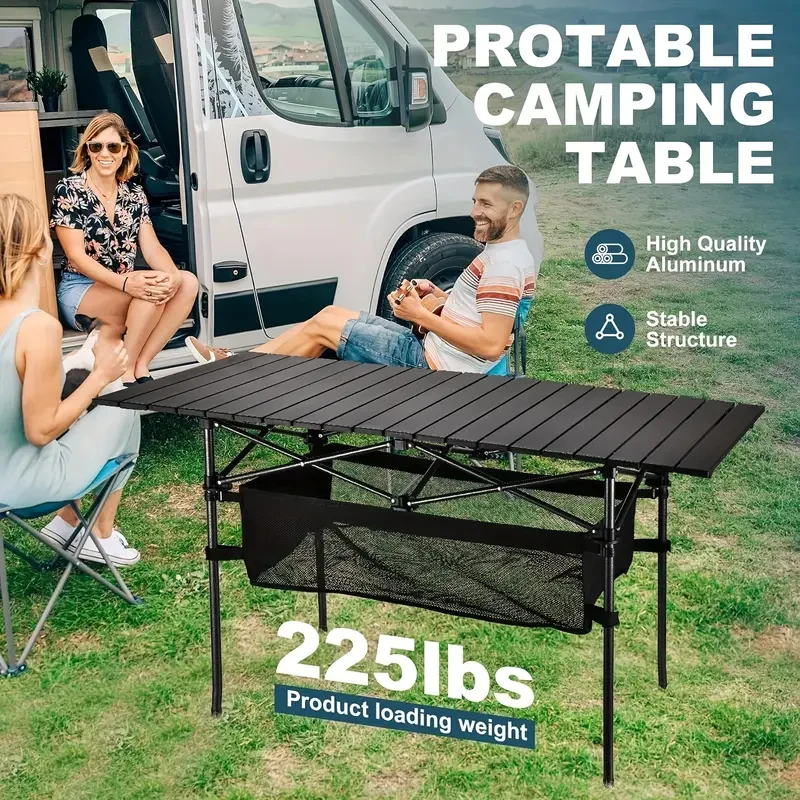 

Outdoor Folding Long Table Portable Storage Black Camping Desk Barbecue Easy To Install With Net Bag Light Stable