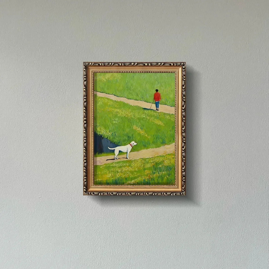 Walking Oil Painting Hand-Painted Person and Dog on Path in Green Field Landscape Art