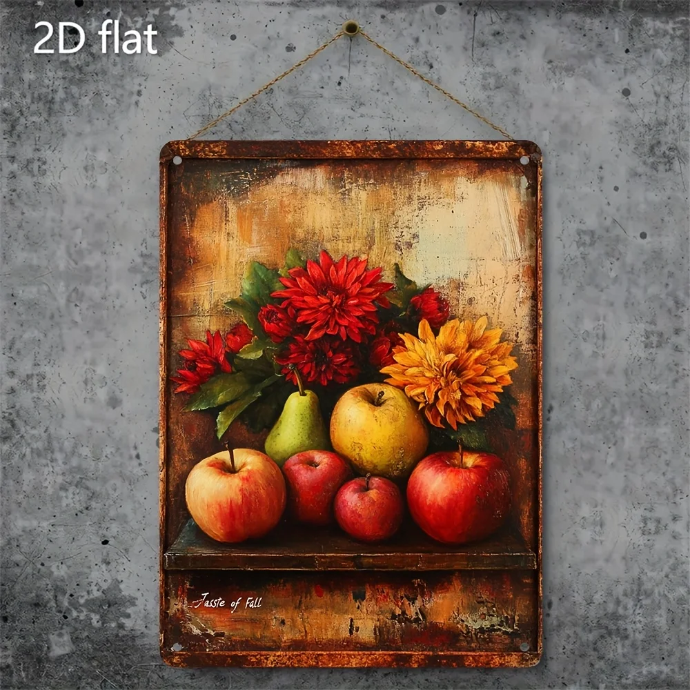 Vintage 8x12 Inch Metal Wall Sign, Rustproof Farmhouse Apple Pear Chrysanthemum Fruit Floral Art for Cafe Garage Outdoor Decor