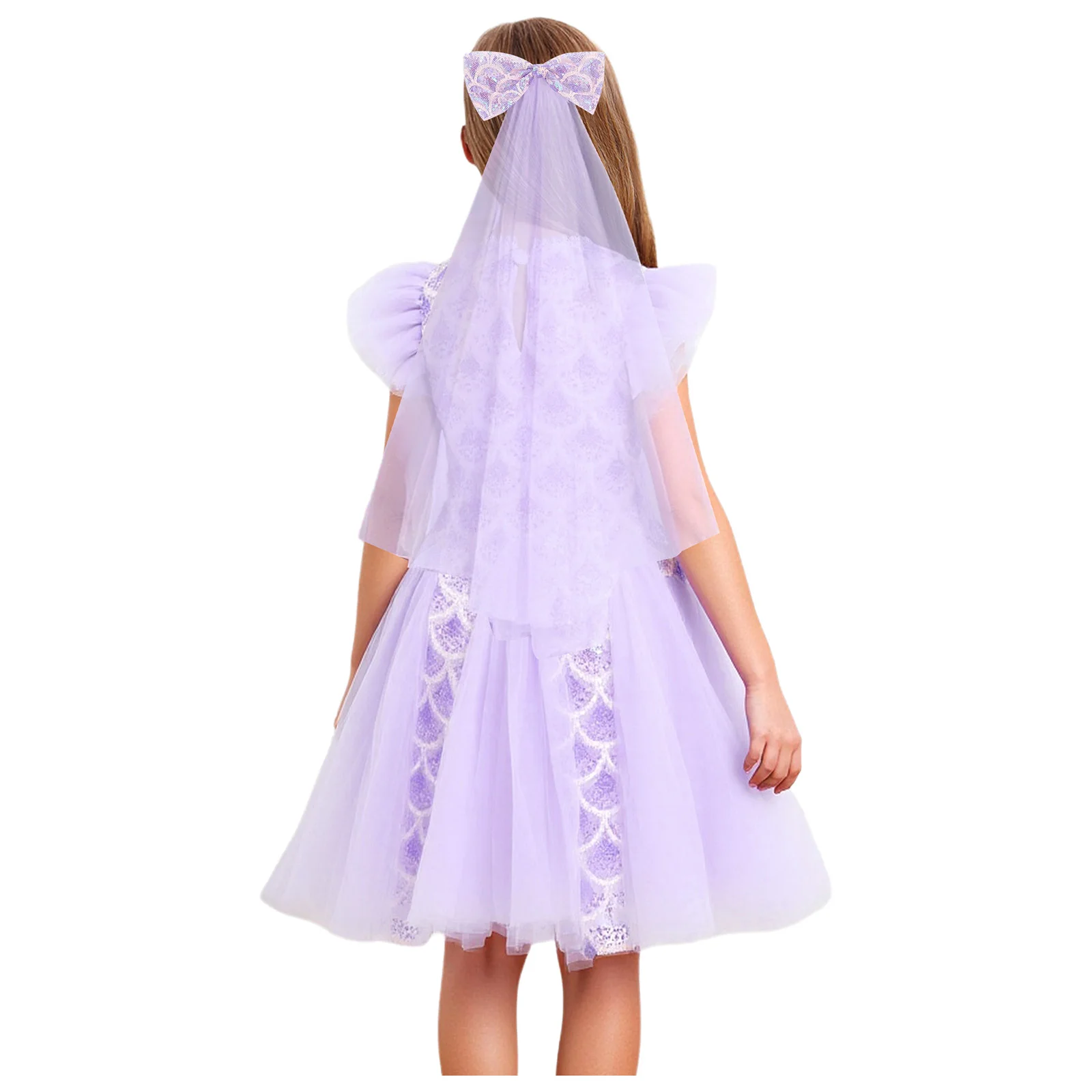 Kids Girls Sequins Princess Dress Fish Scale Tulle Mermaid Dresses with Veil Elegant Wedding Birthday Party Pageant Prom Gown