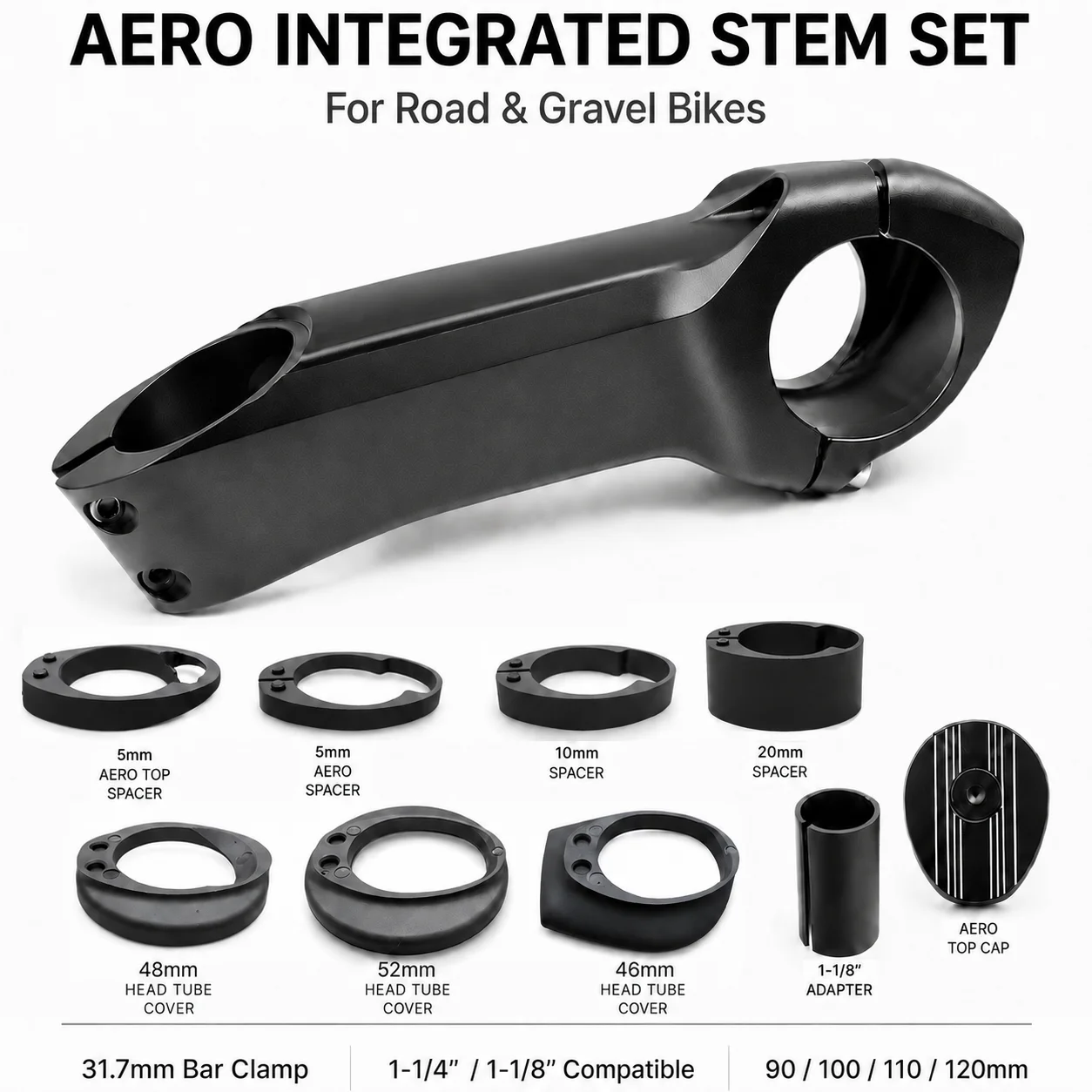 aero-integrated-stem-set-317mm-road-gravel-stem-90-100-110-120mm-internal-cable-routing-1-1-4-to-1-1-8-alloy