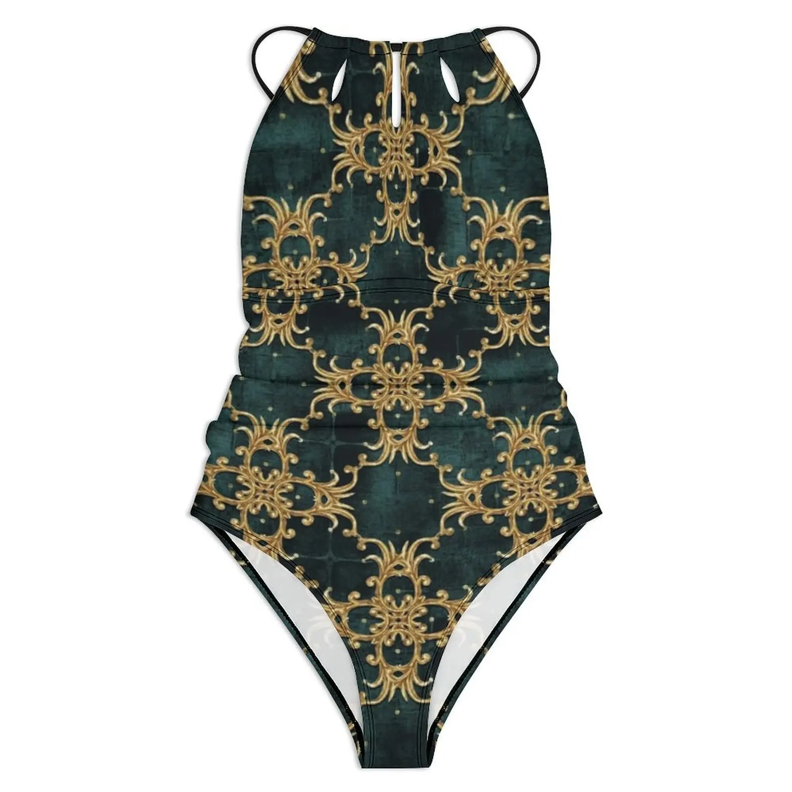 Gold Baroque Floral Swimsuit Vintage Print Push Up Swimwear One-Piece Sport Monokini Bodysuit Sexy Printed Beachwear Plus Size
