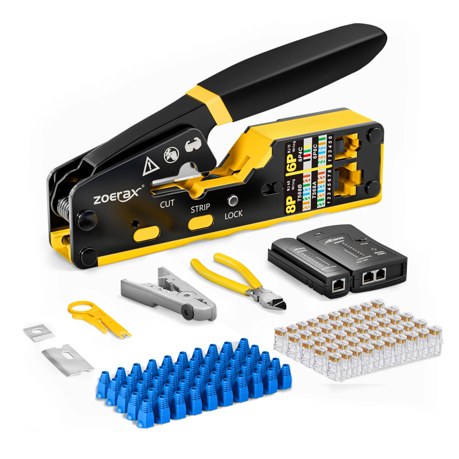 Zestaw narzędzi do zaciskania ZoeRax RJ45 CAT6 CAT5E CAT5, narzędzie do zaciskania, tester kabli, przecinak do przewodów i ściągacz izolacji, ostrze, 50 szt. Złączy i butów — 2