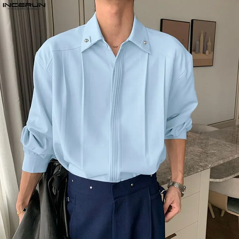 INCERUN Men's Shirt Solid Color Lapel Long Sleeve Loose Casual Men Clothes Streetwear Pleated Korean Style Tops For Man Shirts