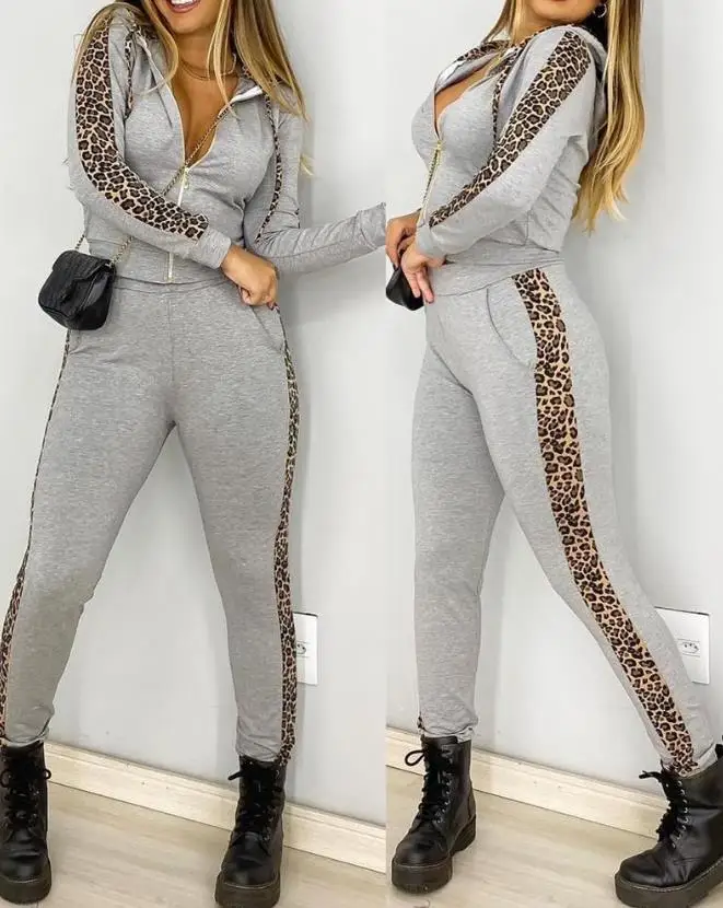 

Leopard Print Color Matching Hooded Top and Pocket Design Pants Set 2023 New Hot Selling Fashion Women's Casual Wear