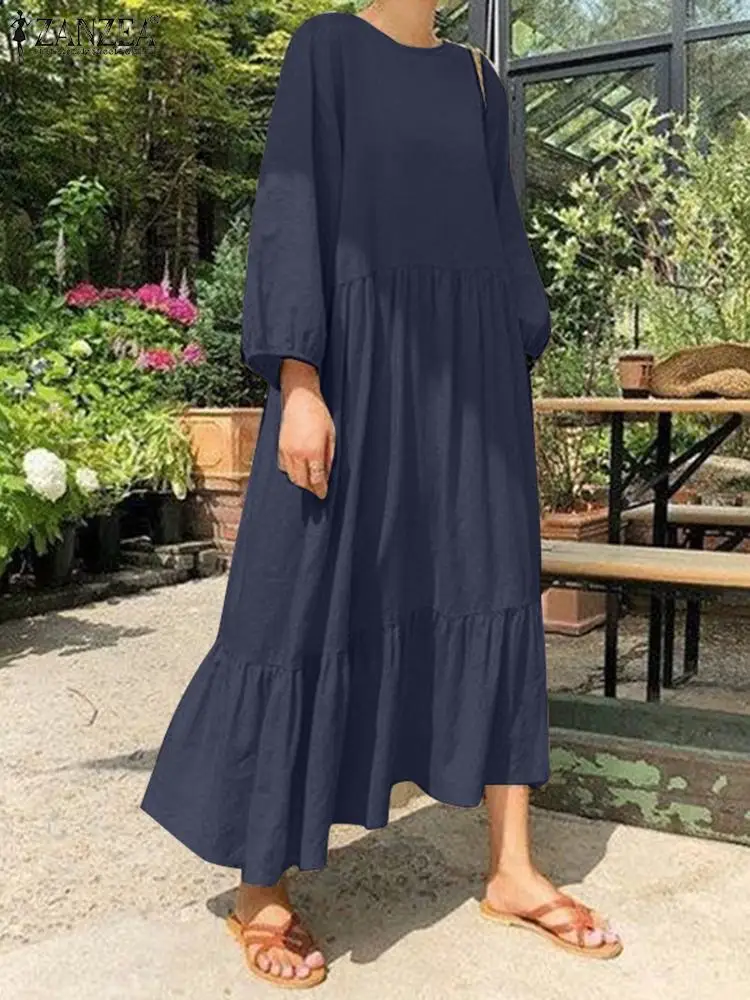 

2023 ZANZEA Autumn Holiday Party Robe Long Sleeve Dress Women O-Neck Solid Color Vestido Female Fashion Causal Elegant Sundress