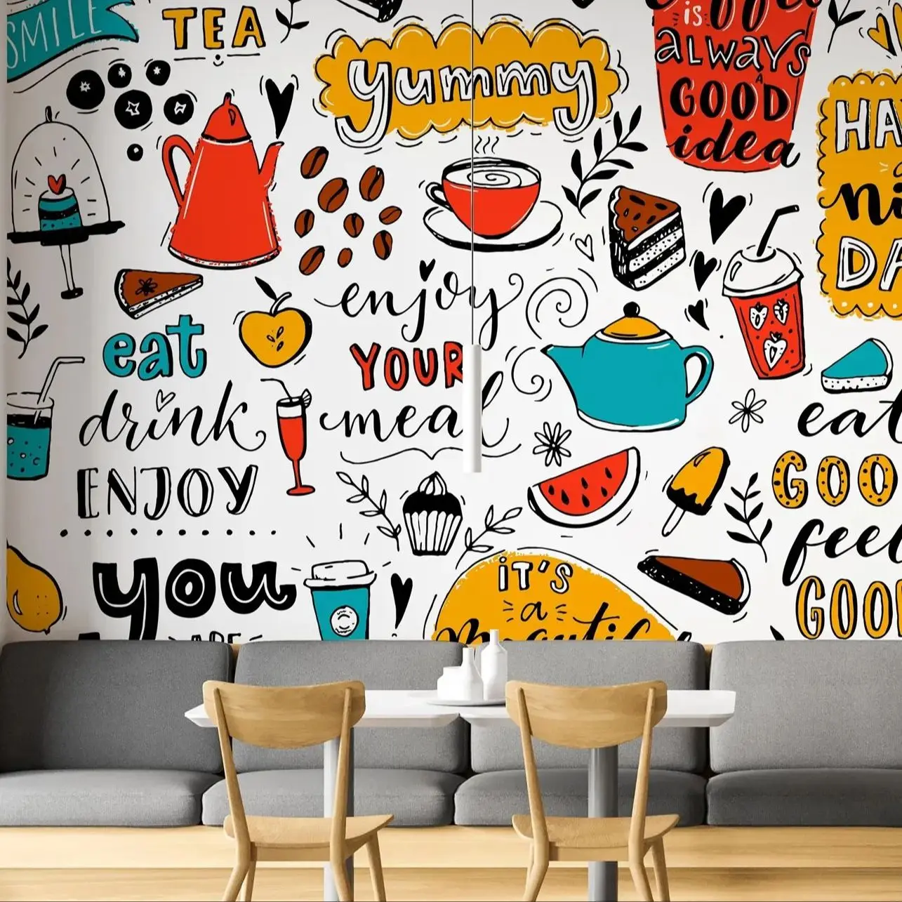 

Обои Yummy Foods Cafe Peel and Stick, красочная дизайнерская настенная роспись для декора ресторана, самоклеящаяся или традиционная обои