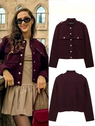 TRAFZA Winter Women's Fashion Burgundy Street Jacket Retro O-neck Long-sleeved Pocket Single-breasted Casual Jacket For Women