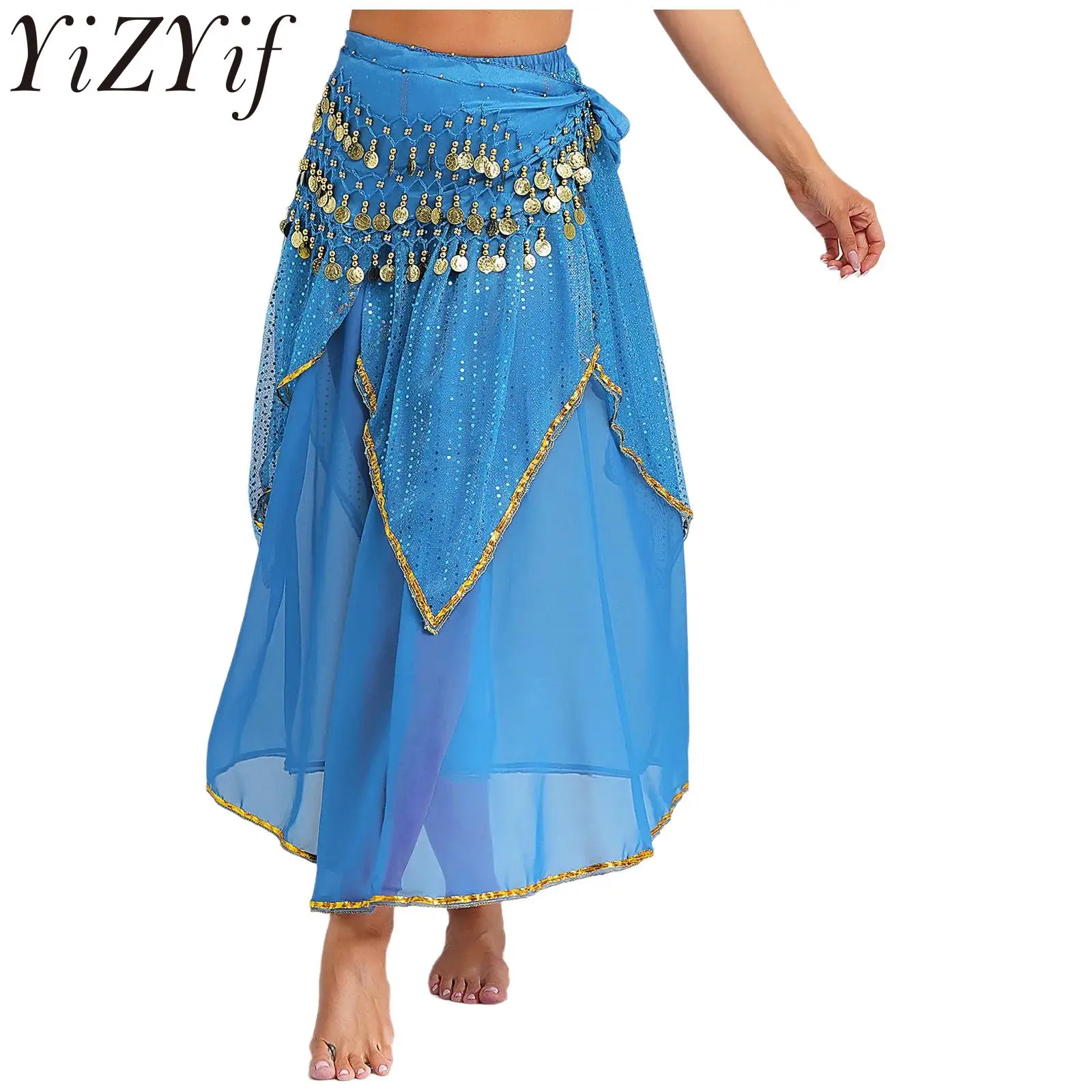 

Womens Belly Dance Halloween Performance Outfit Sequined Dots Irregular Layered Skirt with Tassel Waist Chain Hip Scarf