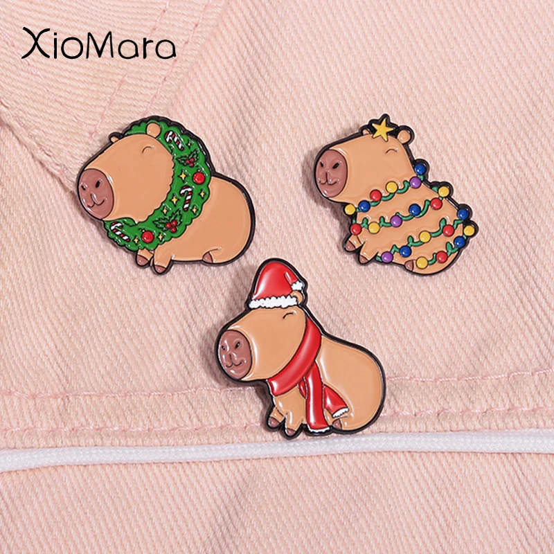 Cartoon Christmas Capybara Enamel Pin Creative Cute Animal Brooch Lapel Badge Backpack Kawaii Festival Jewelry Gifts For Friends