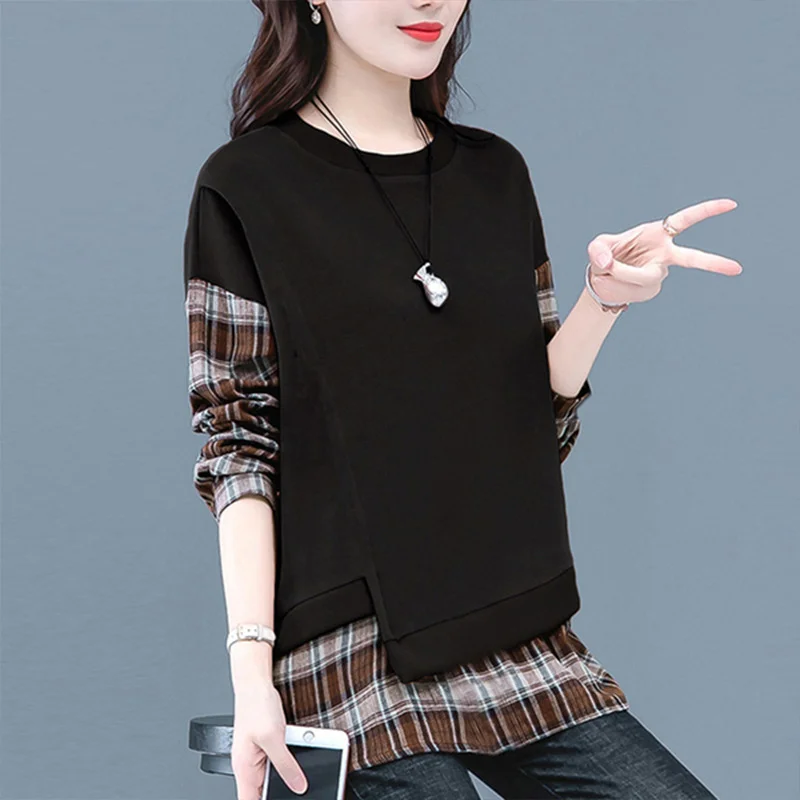 Fake Two-piece Pullover Sweatshirt Women in Spring and Autumn New Korean Style Plaid Casual Loose Base Shirt Women