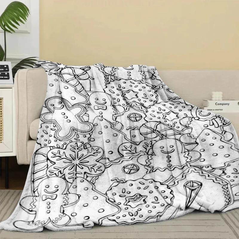 Black and White Line Draft Gingerbread Man Christmas Element Print Flannel Blanket Soft Sofa Cover Blanket Bedroom Nap Blanket - view 3
