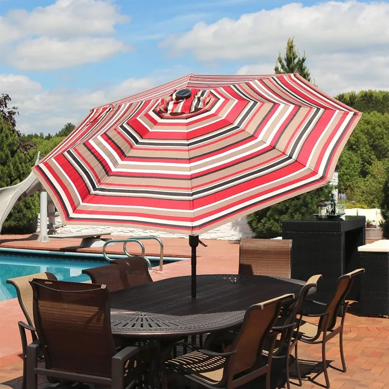 Sunnydaze 9 Foot Outdoor Patio Umbrella with Solar Lights & Tilt/Crank, LED, Awning Stripe