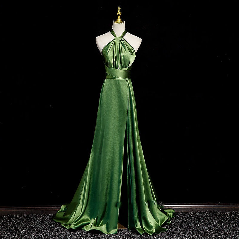 

Sexy Green Evening Dresses Backless Silk Satin Sleeveless Halter Neck A-line Luxury Mermaid Birthday Host Party Prom Gowns 2024