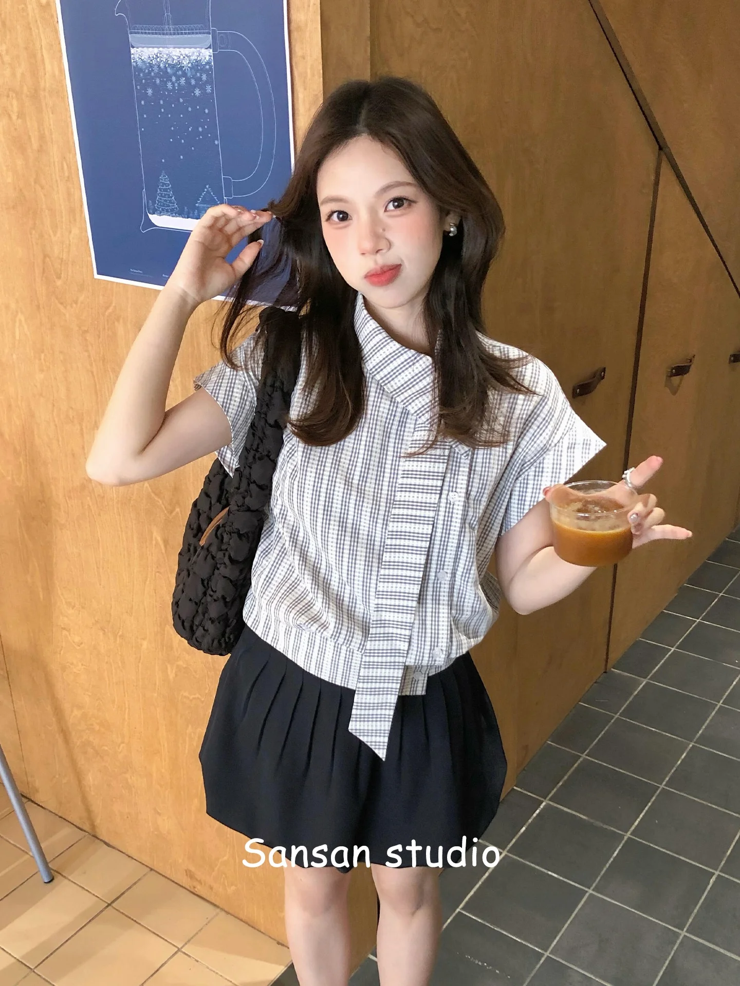 

Slim Fit Plaid Shirt Women's Spring Summer Short Sleeve Korean Style Ribbon Detailing Breathable Comfortable Slimming Top