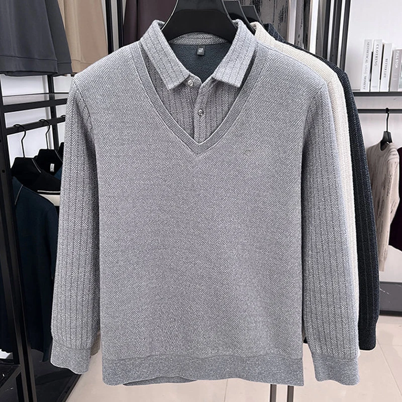 الرجال فو قطعتين الصوف مبطن سترة الأعمال عادية بولو البلوز الخريف الشتاء سميكة متماسكة البلوزات الشارع الشهير البلوز #5