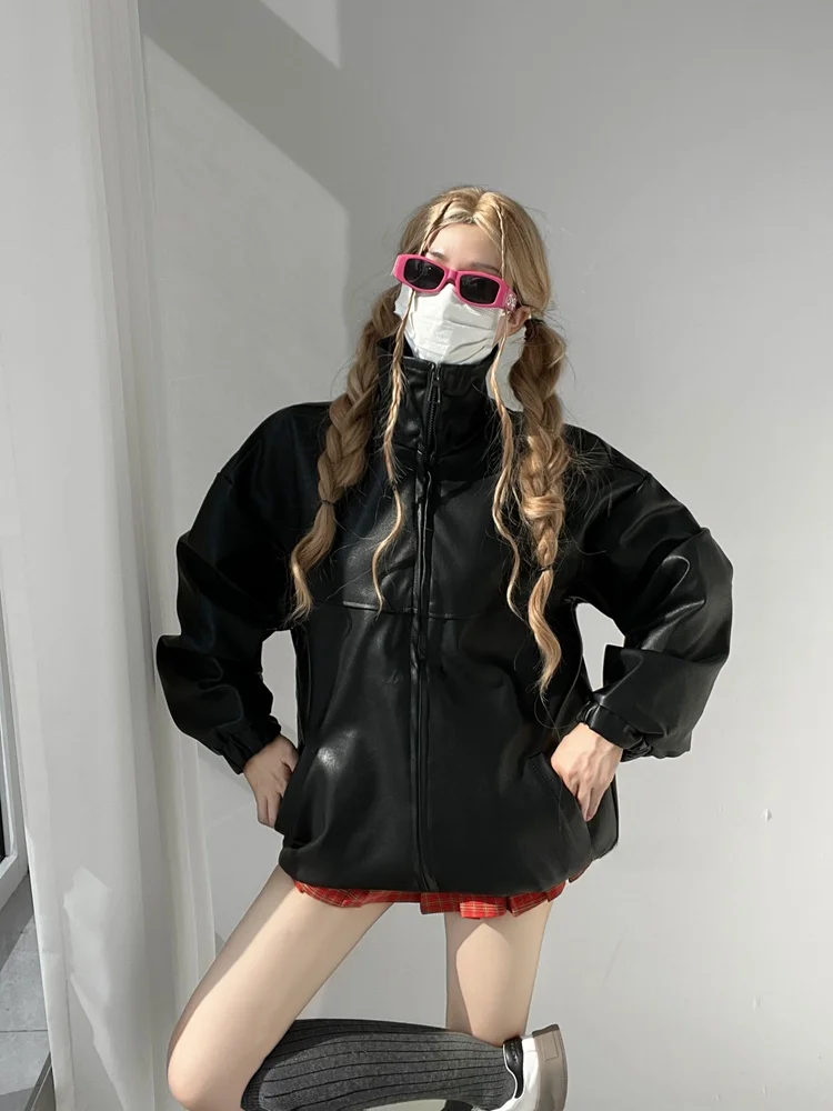 Bla American Retro Motorcycle Jaet المرأة الخريف الشتاء بولي معطف معطف جلد Sli الشارع الشهير معطف طويل بياقة Sve #5