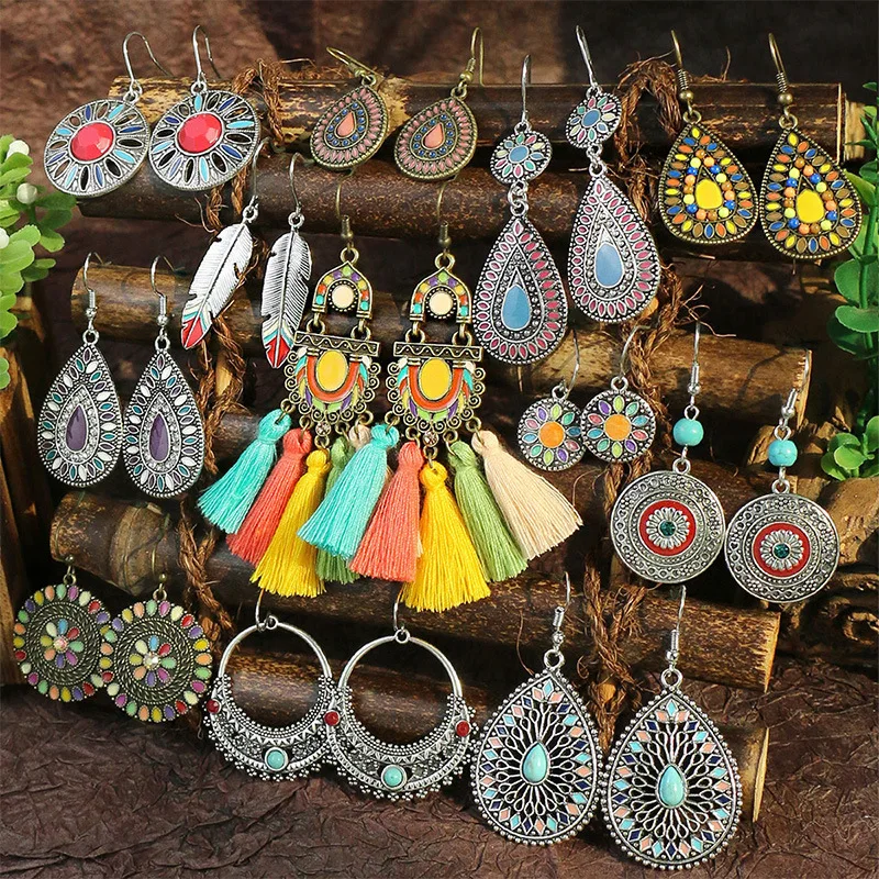 Vintage Ethnic Drop Oil Round Water Drop Dangle Earrings for Women Colorful Tassel Leaf Geometric Earrings Pendientes Mujer Boho