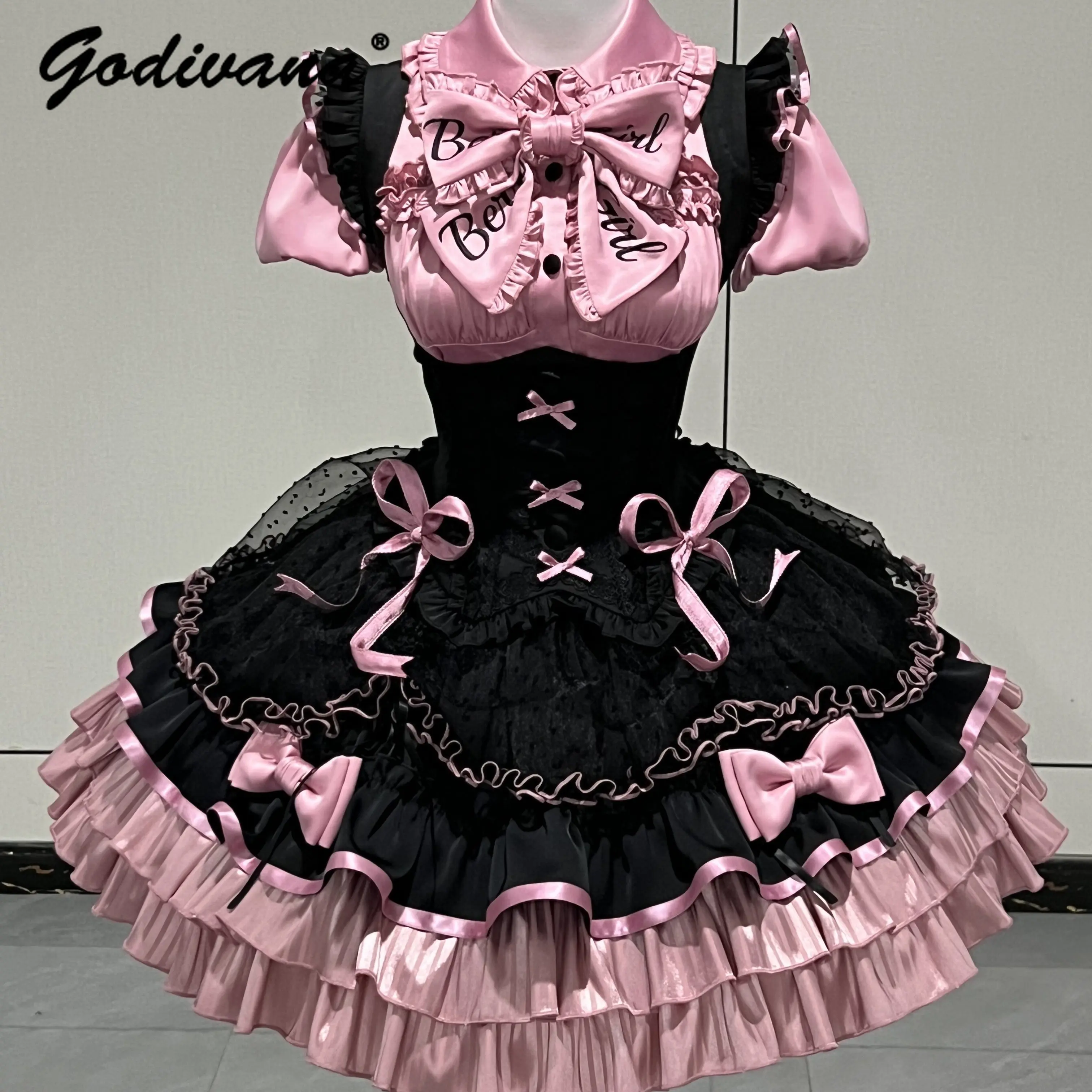 Schwarz-rosa Hemd mit Bruststütze, Trägerrock, Mädchen- und Damen-Bühnenkostüm, Gesangskostüm, Performance-Lolita-Kleid-Outfit