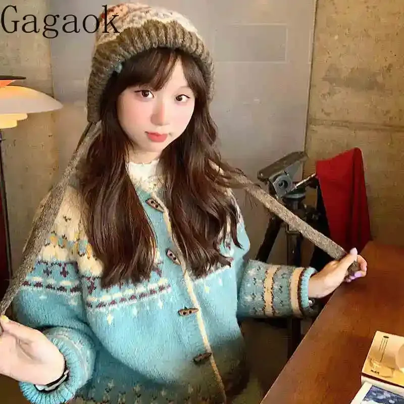 Gagaok Gentle Jacquard Knitted Cardigan 2024 Autumn Winter Vintage Clothes Preppy Style Round Neck Casual Sweater Coat Femme