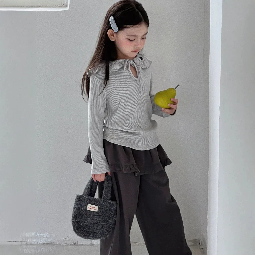 Girls Autumn Top 2026 New Korean Girls Treasure Big Collar Soft and Sticky Temperament Knitted T-shirt Base Shirt