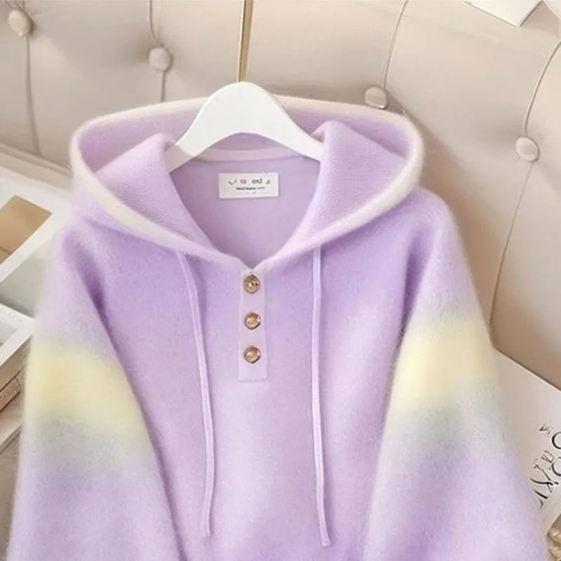 

Purple Halo Knitted Sweater Women's Soft Waxy Hooded Pullover Sweater Top Autumn Winter 2025 New Gentle Style Lazy Korean Top